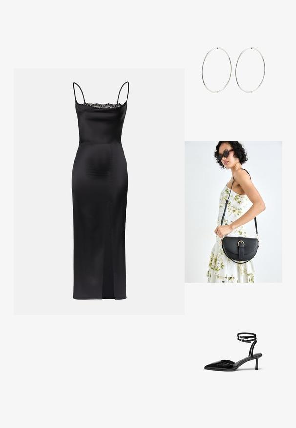 Čierna saténová šaty s ramienkami na tenké pásky, čipkovým lemovaním pri výstrihu, priliehavým strihom a bočným rozparkom pre ľahký pohyb.; Čierna kožená lodička s vysokým opätkom, špicatou špičkou a remienkom na členku. Disponuje elegantným dizajnom a štíhlym 5 cm opätkom. Hladký povrch.; Čierna kožená kabelka s zaobleným tvarom, odnímateľným popruhom a zlatými doplnkami. Kabelka má klopu s detailom s prackou.; Strieborné kruhové náušnice s hladkým, okrúhlym dizajnom a lesklým povrchom. Sú tenké a ľahké, s jednoduchým uzáverom.