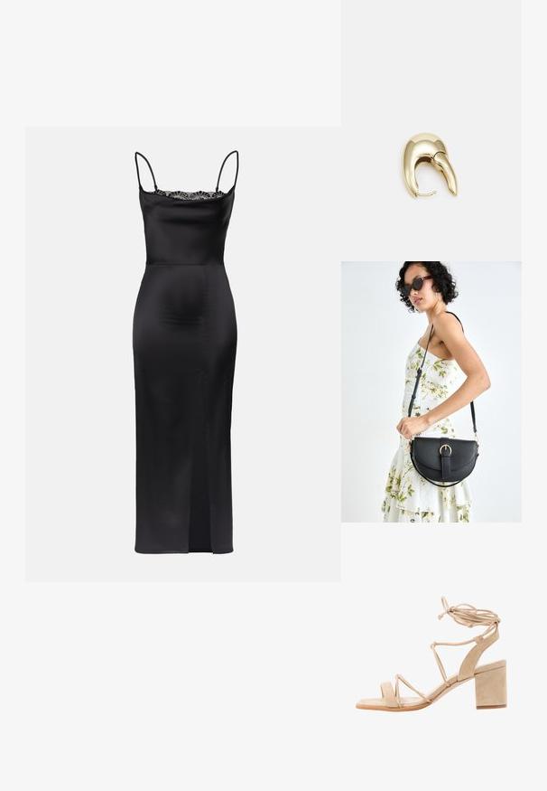Črna satenasta obleka z naramnicami, čipkastim robom pri vratu, prilegajočo silhueto in bočnim razporkom za enostavno gibanje.; Beige zamšene sandale na visoki peti z blok peto, odprtim nosom in križnimi trakovi, ki se vežejo okoli gležnja. Gladka tekstura, minimalističen dizajn.; Črna usnjena torbica s ukrivljeno obliko, z odstranljivo naramnico in zlatimi dodatki. Torbica ima pokrov s podrobnostmi v obliki zaponke.; Uhane nakit iz zlatastega tona z gladko, ukrivljeno zasnovo. Ima edinstveno koničasto obliko, polirano površino in zaponko s tečajem.