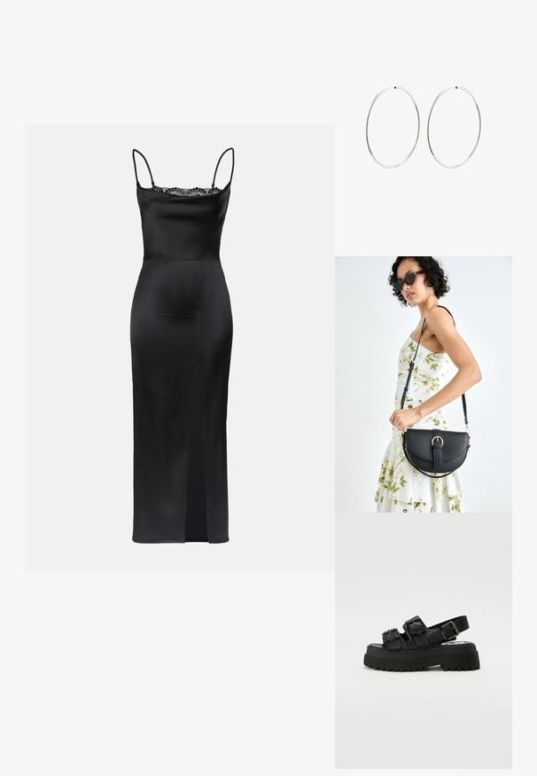 Čierna saténová šaty s ramienkami na tenké pásky, čipkovým lemovaním pri výstrihu, priliehavým strihom a bočným rozparkom pre ľahký pohyb.; Čierne platformové sandále s tromi nastaviteľnými prackami, textúrovanou podrážkou a hladkým vrchom. Navrhnuté s robustným a masívnym siluetou.; Čierna kožená kabelka s zaobleným tvarom, odnímateľným popruhom a zlatými doplnkami. Kabelka má klopu s detailom s prackou.; Strieborné kruhové náušnice s hladkým, okrúhlym dizajnom a lesklým povrchom. Sú tenké a ľahké, s jednoduchým uzáverom.