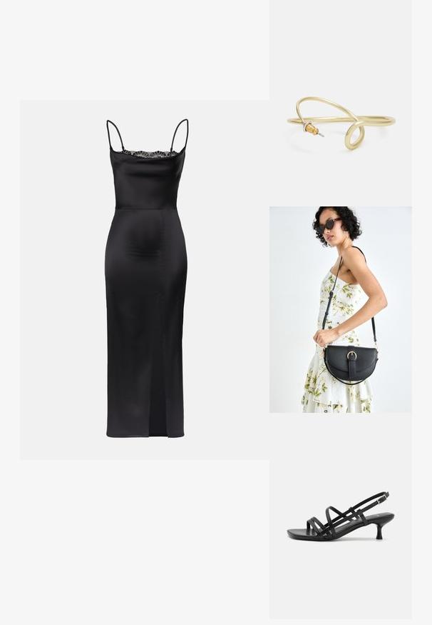 Musta satiini mekko ohuilla olkaimilla, pitsireunus kaula-aukossa, vartalonmyötäinen siluetti ja sivuaukko liikkumisen helppottamiseksi.; Musta korkeakorkoiset sandaalit, joissa on useita ristikko-nauhoja. Sileä materiaali, teräväkärkinen malli ja kapea korko. Säädettävä nilkkahihna soljella.; Musta nahkainen käsilaukku, joka on kaareva muotoilultaan, irrotettavalla hihnalla ja kultaisilla yksityiskohdilla. Laukussa on läppä, jossa on solk yksityiskohta.; Kultainen metallinen ranneketju, jossa on sulava ja kaareva muotoilu. Yhdessä päässä on pieni, hallitseva hopeanvärinen korostus.