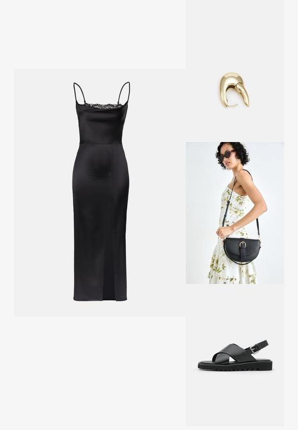 Black satin dress with spaghetti straps, lace trim at neckline, form-fitting silhouette, and a side slit for ease of movement.; Black leather sandals featuring a cross-strap design, adjustable buckle, and textured sole with ridges for grip.; Black leather handbag with a curved shape, detachable strap, and gold hardware. The bag features a flap with a buckle detail.; Gold-tone metal earring with a sleek, curved design. Features a distinctive pointed shape, polished surface, and hinge closure.