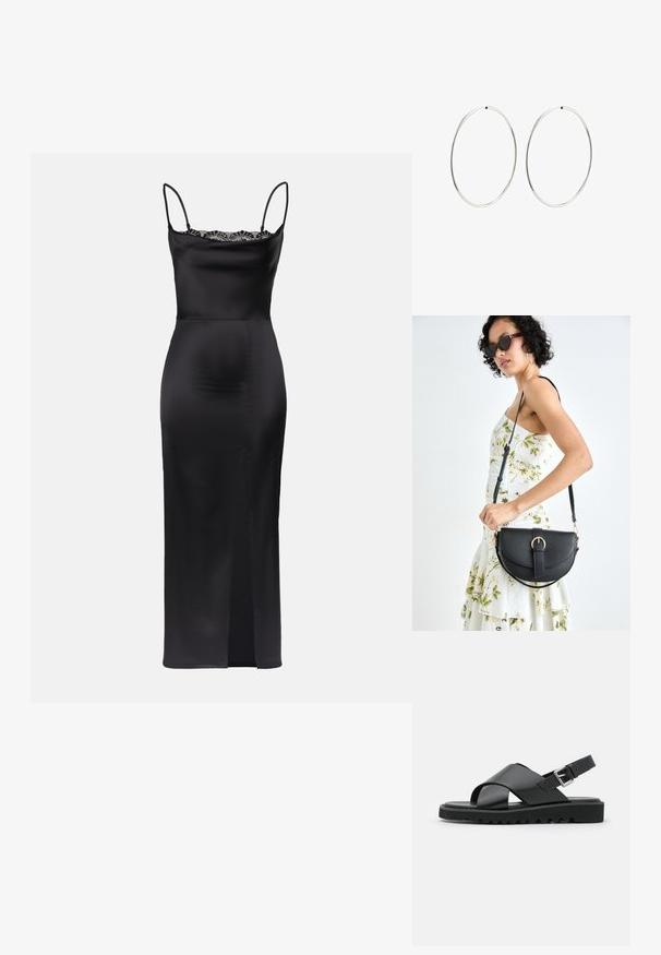 Crna saten haljina s tankim naramenicama, čipkastim ukrasom na izrezu, prilagođenim siluetom i bočnim prorezom za jednostavno kretanje.; Crne kožne sandale s dizajnom križnih traka, podesivom kopčom i teksturiranim đonom s utorima za bolji grip.; Crna kožna torba s lukovitim oblikom, odvojivim remenom i zlatnim detaljima. Torba ima preklop s kopčom.; Srebrne naušnice od obruča s glatkim, okruglim dizajnom i poliranim završetkom. Tanak su i lagani, s jednostavnim zatvaranjem.