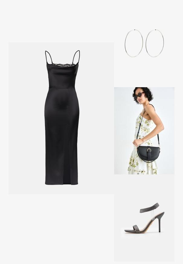 Čierna saténová šaty s ramienkami na tenké pásky, čipkovým lemovaním pri výstrihu, priliehavým strihom a bočným rozparkom pre ľahký pohyb.; Čierne sandále na podpätku s priehľadným remienkom, textúrovaným zvrškom a štíhlym ihlovým podpätkom. Obsahujú široký predný pás a trblietavé akcenty.; Čierna kožená kabelka s zaobleným tvarom, odnímateľným popruhom a zlatými doplnkami. Kabelka má klopu s detailom s prackou.; Strieborné kruhové náušnice s hladkým, okrúhlym dizajnom a lesklým povrchom. Sú tenké a ľahké, s jednoduchým uzáverom.