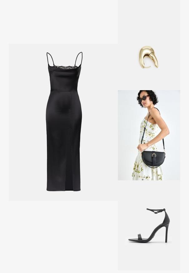 Černé saténové šaty s tenkými ramínky, krajkovým zdobením na výstřihu, přiléhavým siluetou a bočním rozparkem pro snadný pohyb.; Černé sandály na vysokém podpatku s otevřenou špičkou, tenkými pásky a sponou kolem kotníku. Hladká kožená textura s špičatým tvarem špičky.; Černá kožená kabelka s křivkovým tvarem, odnímatelným popruhem a zlatými detaily. Kabelka má klopu s přezkou.; Náušnice ve zlatém tónu z kovu s elegantním zakřiveným designem. Vyznačují se jedinečným špičatým tvarem, lesklým povrchem a závěsem na kloub.