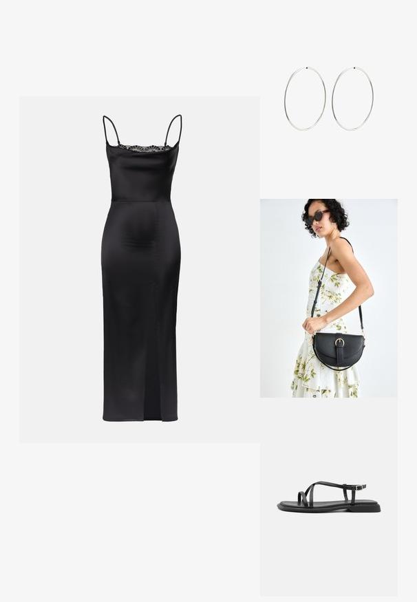 Juodas satino suknelė su špagetėmis, nėrinių apdaila iškirptėje, figūrą glostanti siluetas ir šoninė išpjova, užtikrinanti judėjimo patogumą.; Juodos plokščios sandalai su plonomis reguliuojamomis juostelėmis, stačiakampiu pėdos įdėklu ir matinio paviršiaus tekstūra. Yra žemas, šiek tiek kvadratinis kulnas.; Juodas odinis krepšys su išlenkta forma, nuimamu dirželiu ir auksiniais detalėmis. Krepšys turi kilpą su sagtimi.; Sidabriniai auskarai-žiedai su lygiu, apvaliu dizainu ir blizgiu paviršiumi. Jie yra ploni ir lengvi, turintys paprastą užsegimą.