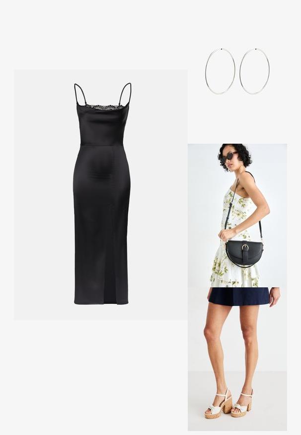 Black satin dress with spaghetti straps, lace trim at neckline, form-fitting silhouette, and a side slit for ease of movement.; White platform sandals with cork base, knotted front design, and ankle strap for support. Smooth texture with a sturdy, block heel.; Black leather handbag with a curved shape, detachable strap, and gold hardware. The bag features a flap with a buckle detail.; Silver hoop earrings with a smooth, round design and a polished finish. They are thin and lightweight, featuring a simple clasp closure.