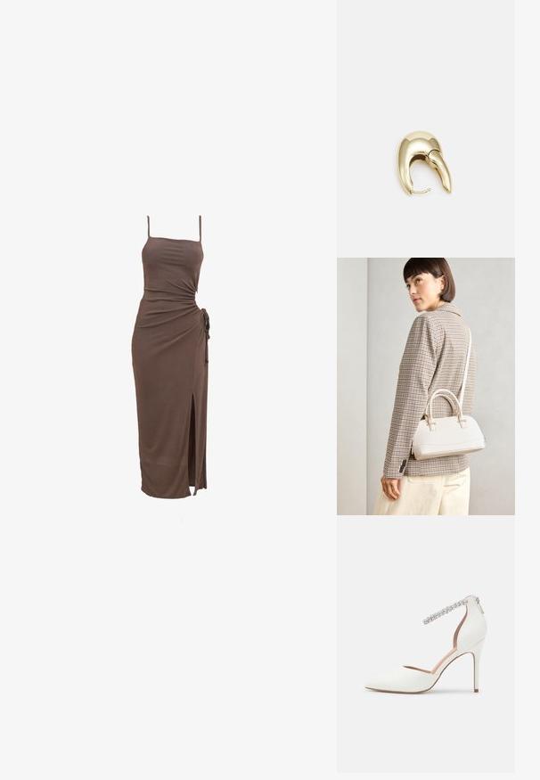 Brown sleeveless dress with a fitted silhouette, side knot detail, and a thigh-high slit, made from smooth, stretchy fabric.; White high-heeled shoe with a pointed toe design, leather material, adjustable ankle strap adorned with rhinestones, and a slim stiletto heel.; White structured handbag with short handles and a shoulder strap, featuring gold hardware accents and textured material, displayed against a grey background.; Gold-tone metal earring with a sleek, curved design. Features a distinctive pointed shape, polished surface, and hinge closure.