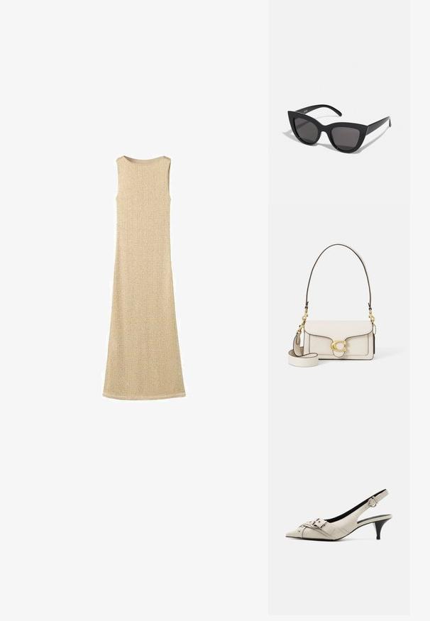 Vestito beige senza maniche con un motivo a maglia testurizzato, lunghezza lunga e scollatura tonda liscia, caratterizzato da un sottile design intessuto su tutta la superficie.; Tacchi slingback beige con punta affusolata, caratterizzati da un dettaglio con fibbia e accenti argentati, posizionati su un sottile tacco nero. Texture in camoscio.; Occhiali da sole neri a forma di occhio di gatto con finitura opaca, dotati di lenti grigie, angoli acuti e stanghette slanciate. Nome del marchio visibile all'interno della stanghetta.; Borsa a mano in pelle crema con un design strutturato, bordi neri a contrasto, hardware dorato e tracolla rimovibile con logo distintivo.