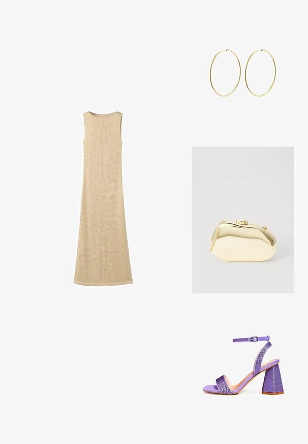 Beežī bez piedurknēm, ar teksturētu adījuma rakstu, garas garuma un gludu apaļu kakla izgriezumu, ar smalku austā raksta dizainu visā.; Violetti korkokengät, joissa on teksturoitu neliön muotoinen kärki, koristeltu timanteilla, ja joissa on soljella kiinnitettävä nilkkaremmi sekä geometrinen korko.; Metallinen kultainen clutch, jossa on sileä ja pyöreä muoto. Sen yläosassa on nappilukko ja pieni ketjuhihna kuljettamista varten.; Kultaiset rengaskorvakorut, joissa on sileä ja pyöristetty muotoilu. Ohuet ja kevyet, sisältäen jatkuvan lenkin ilman mitään koristeita.