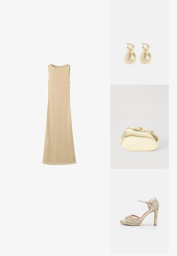 Beige sleeveless dress with a textured knit pattern, long length, and a smooth round neckline, featuring a subtle woven design throughout.; Gold glitter high-heeled sandal with an open toe, ankle strap, and chunky platform. Smooth metallic accents enhance the overall design.; Metallic gold clutch with a smooth, rounded shape, featuring a top button clasp and a small chain strap for carrying.; Gold hoop earrings featuring smooth, rounded pendants with a reflective finish, suspended from a textured hoop attachment.