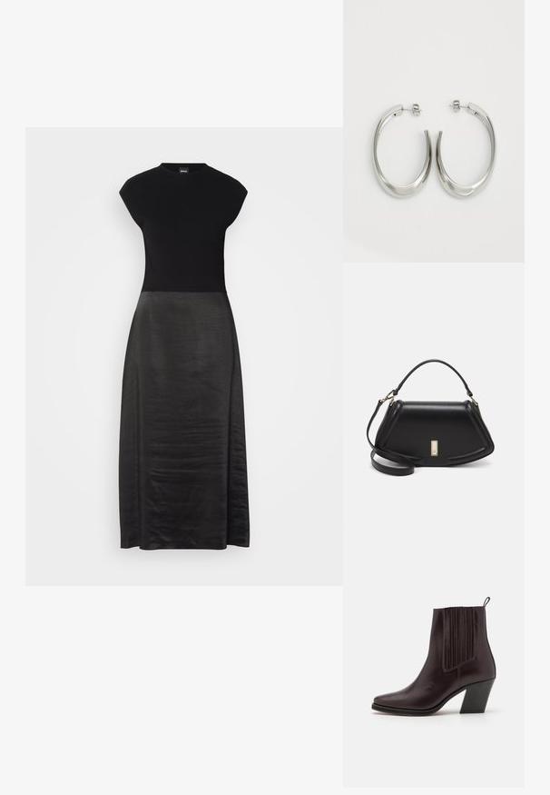 Black dress featuring a fitted bodice and flowing, silky skirt. Cap sleeves, round neckline, smooth texture, and ankle-length design.; Dark brown leather ankle boot with a pointed toe, vertical ribbed detailing on the side, and a mid-height block heel.; Black leather handbag with a structured design, featuring a cropped shape, top handle, and gold hardware accent. Adjustable shoulder strap included.; Silver hoop earrings with a smooth, curved design. Features a shiny metallic finish and stud closure. No visible patterns or accents.