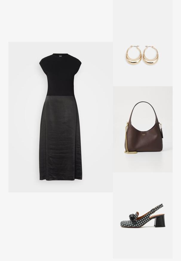 Sort kjole med tætsiddende overdel og flydende, silkeagtig nederdel. Korte ærmer, rund halsudskæring, glat tekstur og ankel-længde design.; Slingback sko med prikmønster i sort og hvid, med en kraftig sort hæl og en dekorativ sort detalje foran.; COACH BROOKLYN SHOULDER BAG 23 - Håndtasker - maple; Guldtonede hoops øreringe med en halvmåneform, poleret overflade og hængsel-lukning. Den glatte tekstur og den reflekterende finish forbedrer synligheden.