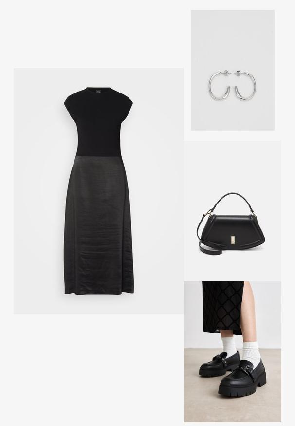 Zwart jurkje met een getailleerde corsage en een vloeiende, zachte rok. Met kapmouwen, ronde halslijn, gladde textuur en enkel-lang ontwerp.; Zwarte platform loafers met een gladde leren afwerking, voorzien van een gespsluiting en studs, gecombineerd met witte geribde sokken.; Zwarte leren handtas met een gestructureerd ontwerp, featuring een verkorte vorm, bovenhandvat en gouden hardwareaccent. Inclusief verstelbare schouderband.; Zilveren oorringen met een gladde, glanzende afwerking. Ronde vorm, lichtgewicht ontwerp, voorzien van een post-back sluiting.