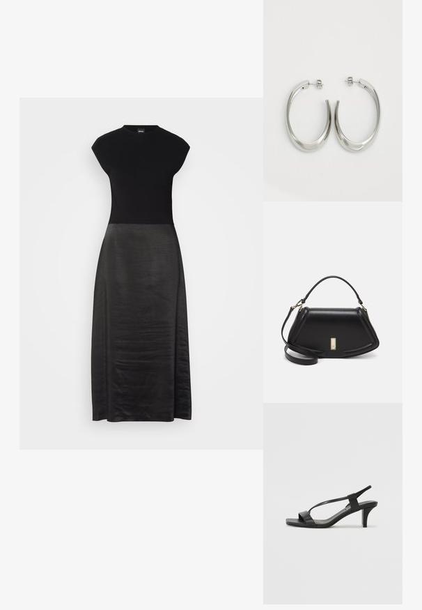 Fekete ruha, amelynek illeszkedő felsőrésze és áramló, selymes szoknyája van. Kicsi ujjakkal, kerek nyakkivágással, sima textúrával és bokáig érő fazonnal rendelkezik.; Fekete magassarkú szandál vékony pántos kialakítással, négyzetes orral és közepes magasságú tömbsarkakkal. Sima bőrből készült, matt felülettel.; Fekete bőr kézitáska, strukturált dizájnnal, rövidített formával, felső fogantyúval és arany színű kiegészítőkkel. Állítható vállpánt is tartozik hozzá.; Ezüst karika fülbevalók sima, ívelt formával. Fényes fémes felülettel és tűs zárral rendelkeznek. Nincsenek látható minták vagy kiegészítők.