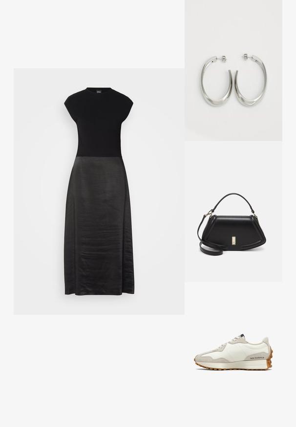Czarna sukienka z dopasowanym korpusem i zwiewnym, jedwabistym dołem. Rękawy typu cap, okrągły dekolt, gładka faktura i długość do kostek.; Białe i beżowe sneakersy z gładkiej skórzanej cholewki, zamszowymi akcentami, zaokrąglonym noskiem i teksturowaną gumową podeszwą. Nazwa marki nadrukowana na boku.; Czarna skórzana torebka o strukturalnym designie, z przyciętą formą, górnym uchwytem i złotymi akcentami. W zestawie regulowany pasek na ramię.; Srebrne kolczyki-hoop o gładkim, zakrzywionym designie. Posiadają błyszczące metaliczne wykończenie i zapięcie na sztyft. Brak widocznych wzorów lub akcentów.