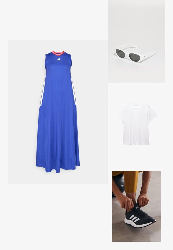 Blå maxikjole lavet af letvægtsstof med rund hals, ærmeløs design og røde detaljer på kraven. Sidelinjer i hvid.; Hvid T-shirt lavet af blødt, let stof. Har en rund halsudskæring og korte, brede ærmer med en afslappet pasform. Ingen synlige mønstre.; Sort atletisk sko med hvide striber, tekstureret overdel og gummisål. En person justerer sokkekraven, mens de sidder på en grå overflade.; Hvide solbriller med runde stel og mørke linser. Har en glat plastoverflade og et lille logo på stangen.