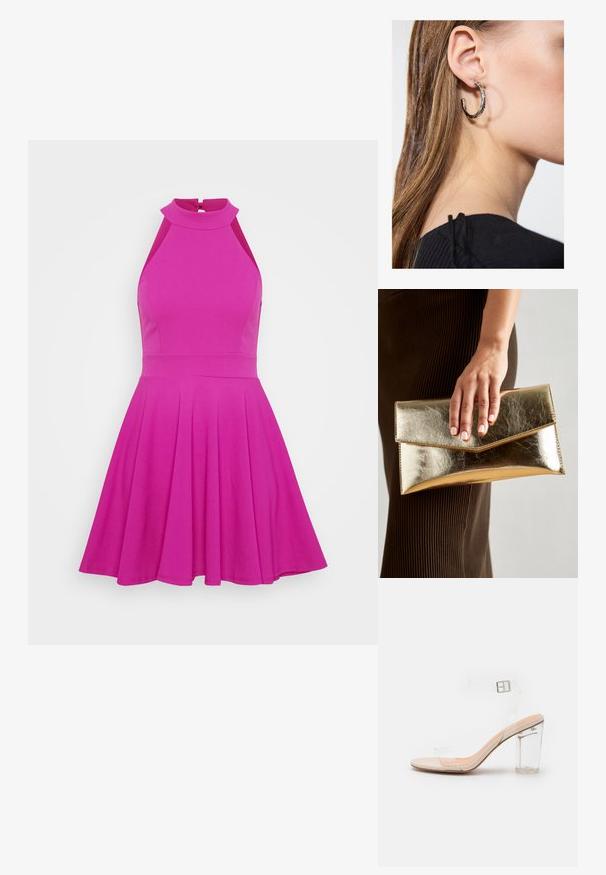 Kohandatud roosa kleit kõrge kaelusega, ilma varrukateta disain ja laienev seelik. Valmistatud siledast materjalist, ilma nähtavate mustrite või riistadega.; Selged kontsad sandaalid läbipaistvate rihmadega ja plokk-kandaga. Omab heledat beeži tallat ja turvalist pahkluu säädikut. Kaasaegne, sofistikeeritud disain.; Kuldne metallist käekott, millel on sile tekstuur ja kolmnurkne klapp. Kotti hoidev käsi on hoolikalt maniküüritud küüntega.; Hõbedane rõngas kõrvarõngas poleeritud viimistlusega, millel on väikesed kuldsed aktsendid ja ümmargune kuju, kantud lobus.