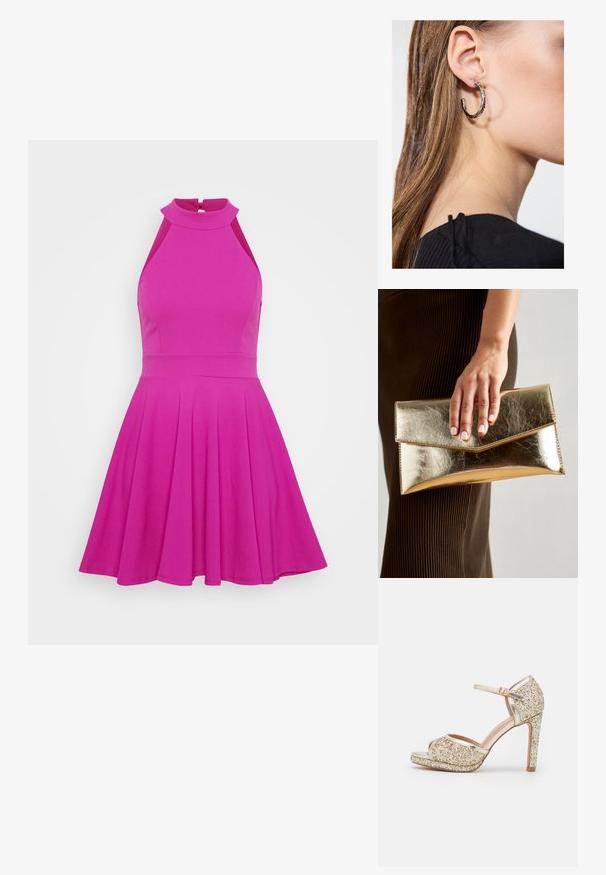 Fitted pink dress with a high neckline, sleeveless design, and flared skirt. Made of smooth material with no visible patterns or hardware.; Gold glitter high-heeled sandal with an open toe, ankle strap, and chunky platform. Smooth metallic accents enhance the overall design.; Gold metallic clutch bag with a smooth texture, featuring a triangular flap closure. The hand holding it has neatly manicured nails.; Silver hoop earring with a polished finish, featuring small gold accent details and a round shape, worn on the lobe.