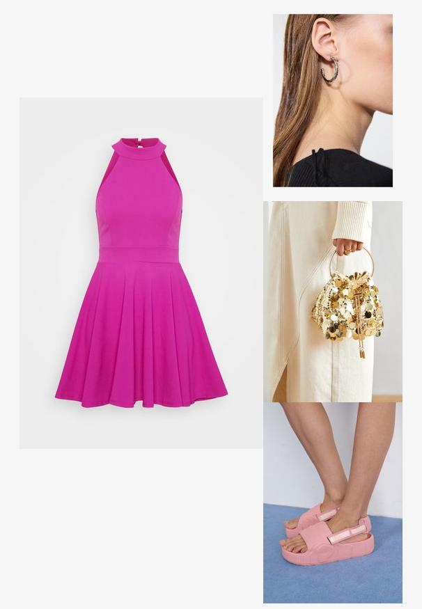 Rochie roz ajustată cu guler înalt, fără mâneci, și fustă evazată. Fabricată dintr-un material uniform, fără modele vizibile sau accesorii.; Saboturi din cauciuc roz, cu o parte superioară texturată, curea ajustabilă și o talpă groasă, evidențiind modele de valuri și un logo al mărcii pe lateral.; Geantă de mână cu mânere circulare, confecționată din paiete aurii, cu un șnur de închidere, având paiete rotunde strălucitoare și o țesătură texturată. Dimensiunile nu sunt furnizate.; Cercel din argint cu un finisaj polișat, având detalii mici din aur și o formă rotundă, purtat pe lobul urechii.