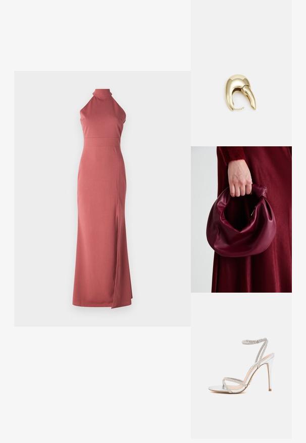 Šaty s halter krkem, přiléhavé v růžové barvě, vyrobené z hladkého materiálu s bočním rozparkem, nabízející elegantní siluetu a minimalistický design.; Stříbrné sandály na vysokém podpatku s tenkými pásky, zdobené kamínky, s elegantním designem a špičatou špičkou.; Burgundská kožená kabelka s měkkým, nabíraným designem a zaobleným tvarem. Ucho je zajištěné a vykazuje hladkou texturu.; Náušnice ve zlatém tónu z kovu s elegantním zakřiveným designem. Vyznačují se jedinečným špičatým tvarem, lesklým povrchem a závěsem na kloub.