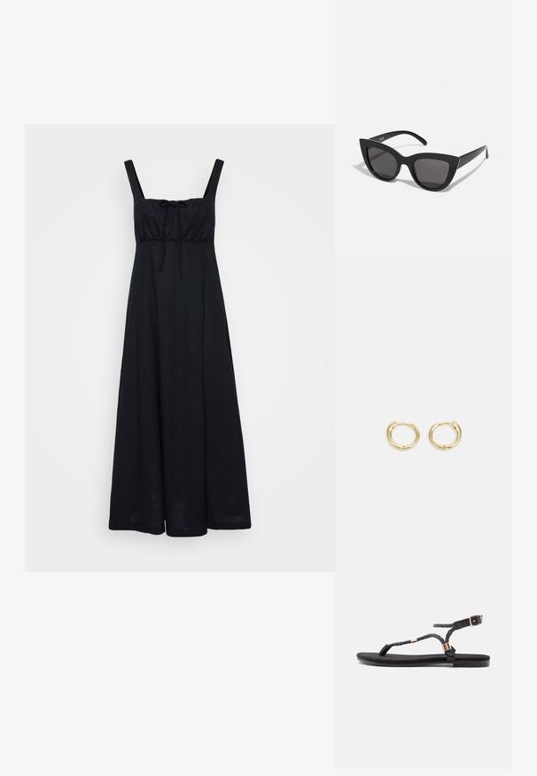 Sort, ærmeløs maxikjole med fitted bodice, firkantet halsudskæring og frontbinding. Lavet af letvægtsstof, falder til ankellængde.; Sorte flade sandaler med flettede stropper og en metallisk detalje. Har en justerbar spænde og flad gummisål for komfort.; Sorte cat-eye solbriller med mat finish, der har grå tonede linser, skarpe vinkler og slanke sidearme. Mærkenavnet er synligt på den indre arm.; Guldøreringe med en glat, rundet design. Har en lille hængselåbning, letvægtigt udseende og en poleret overflade.