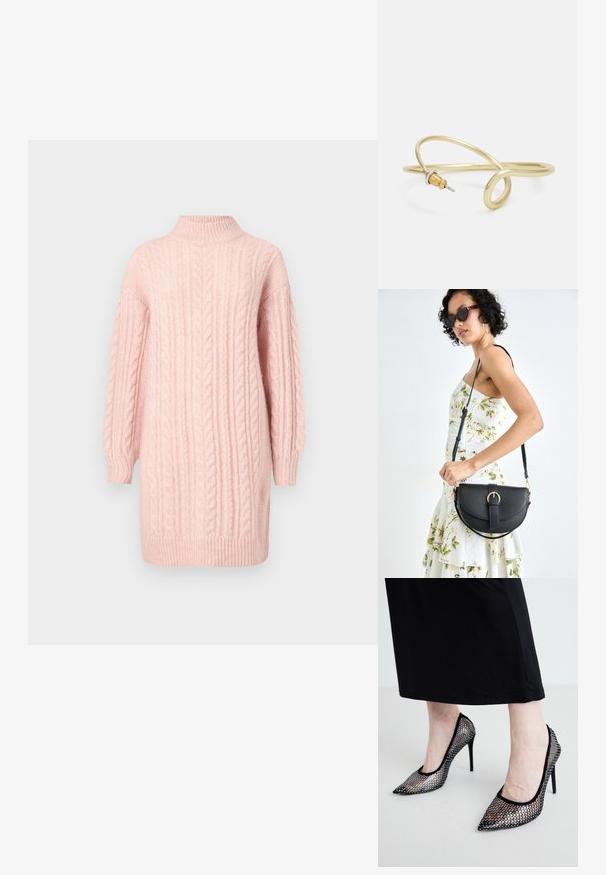 Švelni rožinė megztinė su virbuliu ir ilgomis rankovėmis, su raukiniais apykaklėje, apatine dalyje ir ant rankovių, ant baltos fono.; Juodos tinklinės aukštakulnės bateliai su smailiu noseliu ir plonu stiletu. Raštuota dizaino savybė apima apvalius išpjovimus, suteikiančius pusiau permatomą išvaizdą.; Juodas odinis krepšys su išlenkta forma, nuimamu dirželiu ir auksiniais detalėmis. Krepšys turi kilpą su sagtimi.; Auksinės spalvos metalinė apyrankė su skysčiu, kreipiančiu dizainu. Viename gale yra mažas, išsiskiriantis, sidabrinės spalvos akcentas.