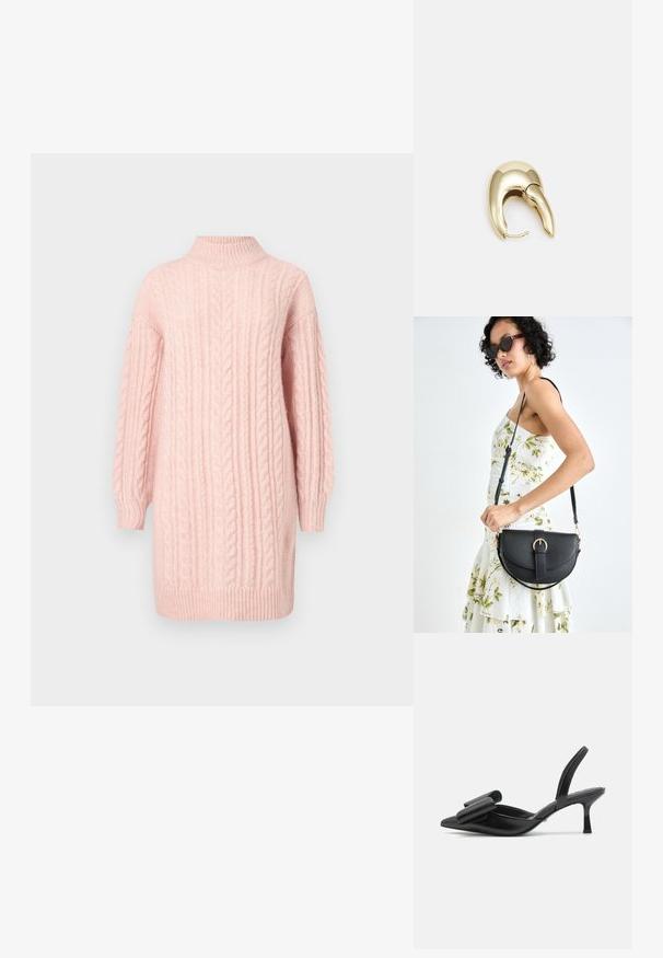 Miękki różowy sweter sukienka w splot kablowy z długimi rękawami oraz ściągaczem na szyi, u dołu i przy mankietach na białym tle.; Czarne sandały na obcasie z odkrytą piętą, charakteryzujące się spiczastym noskiem, błyszczącym skórzanym materiałem oraz dużą kokardą z przodu.; Czarna skórzana torebka o zakrzywionym kształcie, z odpinanym paskiem i złotymi akcentami. Torebka posiada klapę z zapięciem w kształcie klamry.; Złote metalowe kolczyki o eleganckim, zakrzywionym kształcie. Posiadają charakterystyczny szpiczasty kształt, polerowaną powierzchnię oraz zapięcie na zawias.