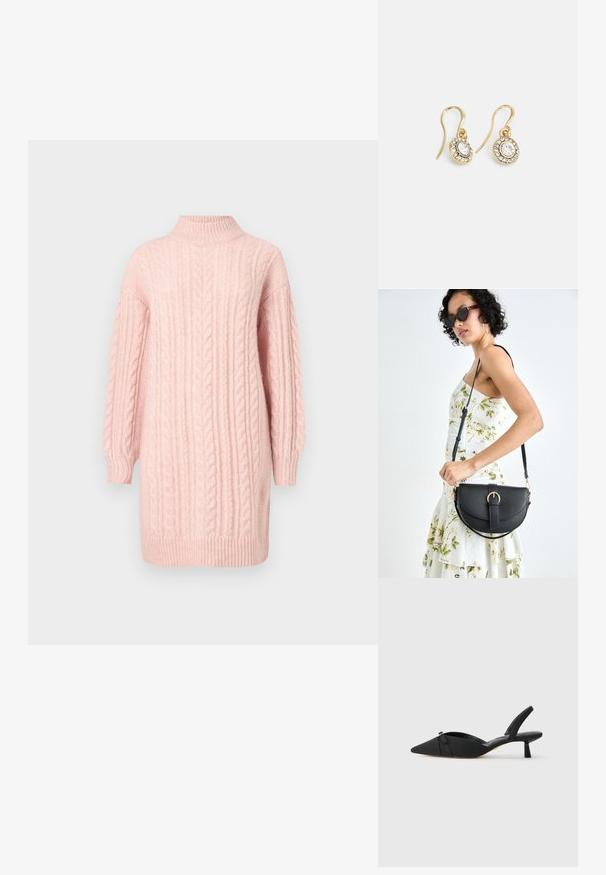 Jemná ružová pletená šaty s dlhými rukávmi a rebrovaným vysokým golierom, lemom a manžetami na bielom pozadí.; Čierne lodičky na podpätku so špicatou špičkou, textilným zvrškom, mašľou na priehlavku a nízkym valcovým podpätkom.; Čierna kožená kabelka s zaobleným tvarom, odnímateľným popruhom a zlatými doplnkami. Kabelka má klopu s detailom s prackou.; Náušnice zlatého odtieňa s oválnymi čírymi kryštáli obklopenými menšími čírými kameňmi, s háčikovým dizajnom pre bezpečné nosenie.