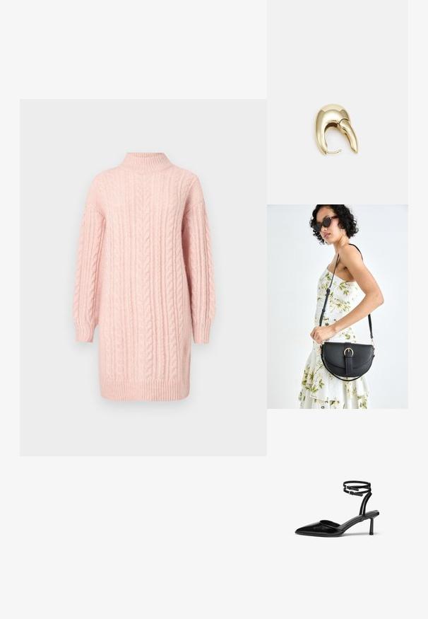 Abito maglione in morbido rosa con lavorazione a trecce, maniche lunghe e colletto, bordo e polsini a coste su sfondo bianco.; Scarpa nera in pelle con tacco alto, punta affusolata e cinturino alla caviglia. Ha un design elegante e un tacco sottile di 5 cm. Texture liscia.; Borsa a tracolla nera in pelle con una forma curva, manico rimovibile e accessori dorati. La borsa presenta una patta con un dettaglio a fibbia.; Orecchino in metallo color oro con un design elegante e curvo. Presenta una forma appuntita distintiva, superficie lucida e chiusura a cerniera.