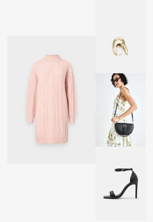 Soft pink cable-knit sweater dress with long sleeves and a ribbed mock neck, hem, and cuffs on a white background.; Black high-heeled sandal with a sleek design, featuring an ankle strap, open toe, and smooth leather texture.; Black leather handbag with a curved shape, detachable strap, and gold hardware. The bag features a flap with a buckle detail.; Gold-tone metal earring with a sleek, curved design. Features a distinctive pointed shape, polished surface, and hinge closure.