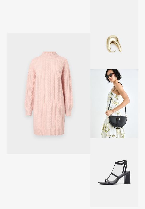 Měkké růžové pletené šaty svetr s dlouhými rukávy a ribbovaným stojáčkem, lemem a manžetami na bílém pozadí.; Černé sandály na podpatku se čtveratou špičkou a blokovým podpatkem. Obsahují tenké popruhy a nastavitelné zapínání na kotníku. Hladká kožená textura.; Černá kožená kabelka s křivkovým tvarem, odnímatelným popruhem a zlatými detaily. Kabelka má klopu s přezkou.; Náušnice ve zlatém tónu z kovu s elegantním zakřiveným designem. Vyznačují se jedinečným špičatým tvarem, lesklým povrchem a závěsem na kloub.