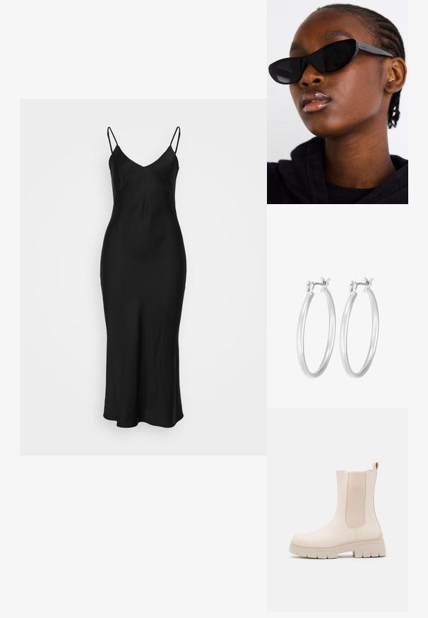 Black satin slip dress with thin adjustable straps, V-neckline, and a fitted silhouette. Smooth texture with a floor-length hem.; Cream-colored ankle boots with elastic side panels, chunky rubber soles, and a smooth leather-like finish. Features a rear pull tab for easy wear.; Black cat-eye sunglasses with a matte finish, featuring a sleek design and gently curved edges, set against a model's dark clothing.; Silver hoop earrings with a smooth, polished finish. Round shape and secure click-top closure. Lightweight design suitable for everyday wear.
