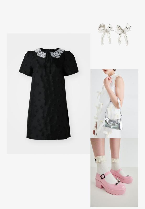 Zwart kortärmige jurk met een textuur van bloemmotieven, een witte geborduurde kraag en een rits aan de achterkant.; Roze lakleren plateau schoenen met een ronde neus, verstelbare gesp en zwarte cat eye accenten, gecombineerd met witte ribbelkousen en gerimpelde randen.; Zilveren metallic handtas met een gestructureerde vorm, voorzien van een bovenhandvat en een strikdetail aan de voorkant. Gladde textuur, reflecterende afwerking.; Zilveren oorringen in de vorm van een boog met een gepolijste afwerking. Kenmerken zijn onder andere een textuur op het oppervlak en een gebogen ontwerp, met een bevestiging achterop.