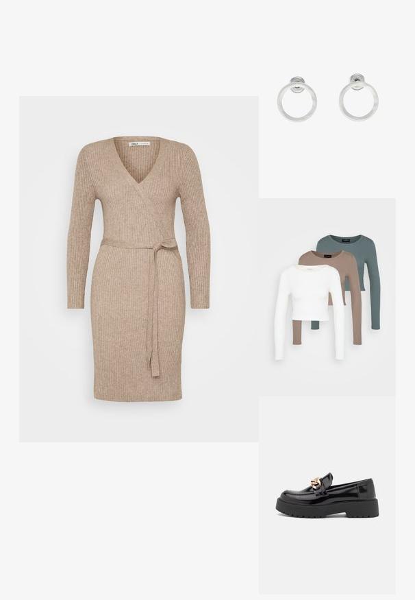 Abito avvolgente a maglia a coste beige con maniche lunghe, scollo a V e vita legata. Tessuto liscio, design aderente, orlo a lunghezza media.; Tre top corti a maniche lunghe impilati, nei colori bianco, beige e blu verde tenue, con scollature rotonde su uno sfondo grigio chiaro.; Mocassini in pelle verniciata nera con suola spessa nera e dettagli in hardware dorato. Texture liscia e design con punta arrotondata.; Orecchini a cerchio in metallo argento con finitura spazzolata, caratterizzati da un design circolare e un gancio trasparente sul retro per una vestibilità sicura.