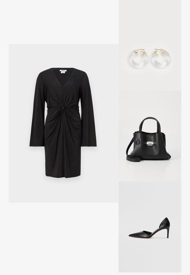 Fekete ruha hosszú ujjal, V-nyakú, a deréknál összegyűjtött csavart részlettel. Sima anyag, testhezálló fazon.; Fekete bőrből készült, magas sarkú, hegyes orrú cipők, nyitott oldalakkal és karcsú sziluettel. Finom sarkuk van, piros talpéval kiemelve.; Fekete bőr kézitáska struktúrált felülettel, két felső fogantyúval, levehető vállpánttal és ezüst színű csattal.; Átlátszó akril fülbevalók arany tónusú fémszegélyekkel és fényes felülettel. Simább, kör alakú dizájnnal rendelkezik.
