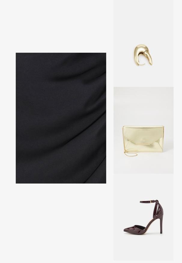 Juodas audinys su lygiu, šiek tiek tekstūruotu paviršiumi, pasižymintis švelniais drapiravimais ir švelniomis klostėmis, sukuriantis sklandų vaizdą.; Bordo lakinės odos aukštakulniai batai su smailiu priekiu, kulkšnies dirželiu ir 10 cm stiletto kulnu. Lygus paviršius ir minimalus detalizavimas.; Auksinės metalinės rankinės su užsegimu, lygia tekstūra ir nuimama grandinėle. Priekyje yra stačiakampis aukso akcentas.; Aukso tono metalinės auskarai su stilingu, kreiviu dizainu. Išsiskiria ryškiu smailiu pavidalu, poliruota paviršiumi ir užsegimu su vyriu.