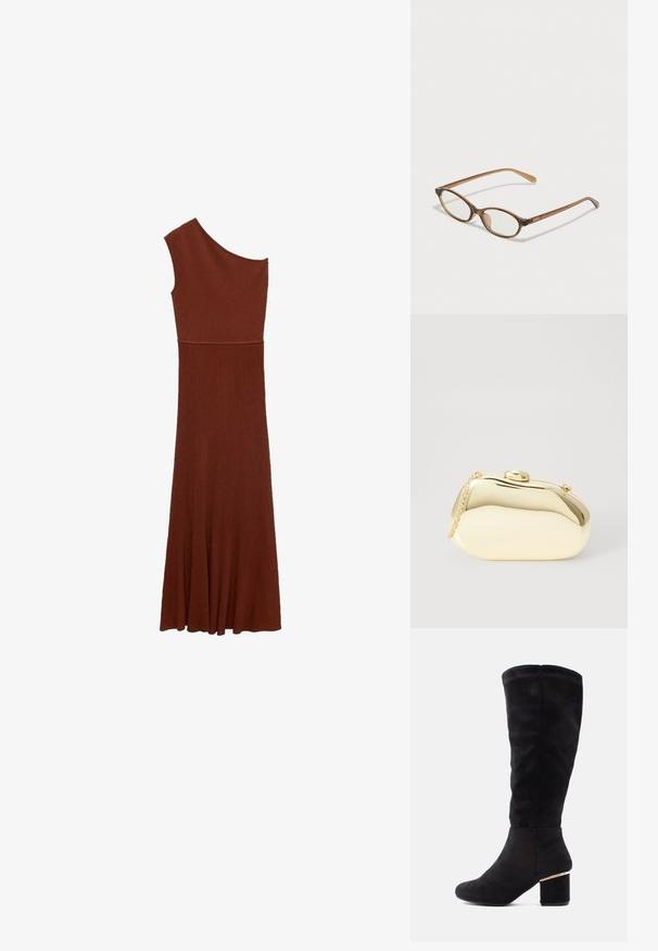 Asymmetrisches braunes Rippenkleid mit einseitigem Design; tailliertes Oberteil, das sich zu einem weiten Rock ausbreitet. Glatte Textur über das gesamte Kleid.; Schwarze kniebhohe Stiefel aus weichem Wildleder mit einem klobigen Blockabsatz und einer goldenen Akzentuierung. Glatte Textur, rundes Zehendesign.; Braune Schildpatt-Brille mit ovalen Gläsern, dünnen Bügeln und transparenten Akzenten. Verfügt über ein dezentes Logo am Bügel. Elegantes, leichtes Design.; Metallisch goldene Clutch mit einer glatten, abgerundeten Form, ausgestattet mit einem oberen Druckknopfverschluss und einem kleinen Kettenriemen zum Tragen.