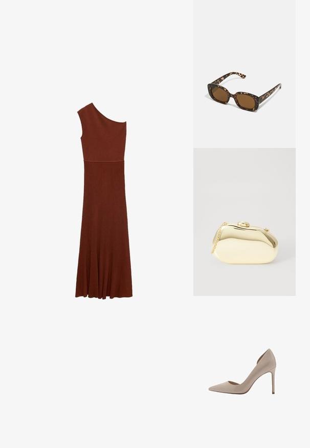 Asimetrična rjava obleka z rebrastim vzorcem in enostranskim dizajnom; oprijet zgornji del se razširi v široko krilo. Gladka tekstura po celotni obleki.; Bež prirezani lakirani salonki s visoko peto in pointed toe, z nizkimi izrezanimi stranmi in tanjšim peto. Gladka tekstura z sijočo površino.; Sončna očala iz kornjačine s poudarjenim, okroglim okvirjem in rjavimi lečami. Imajo subtilne vzorce in ravne, zožene ročke.; Metalna zlata torbica z gladko, zaobljeno obliko, opremljena z zgornjim gumbom in majhnim verižnim ročajem za nošenje.