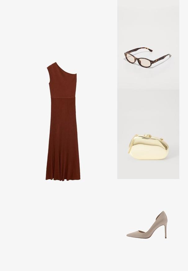 Asimetrična rjava obleka z rebrastim vzorcem in enostranskim dizajnom; oprijet zgornji del se razširi v široko krilo. Gladka tekstura po celotni obleki.; Bež prirezani lakirani salonki s visoko peto in pointed toe, z nizkimi izrezanimi stranmi in tanjšim peto. Gladka tekstura z sijočo površino.; Očala iz morskega želvovca z zaobljeno obliko in svetlimi lečami. Imajo trde ročke z majhnimi zlatimi detajli, narejena so iz plastičnega materiala.; Metalna zlata torbica z gladko, zaobljeno obliko, opremljena z zgornjim gumbom in majhnim verižnim ročajem za nošenje.
