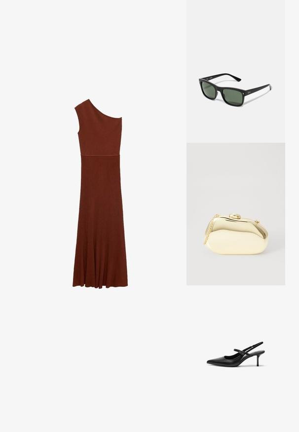 Abito marrone a coste asimmetrico con design a una spalla; corsetto aderente che si allarga in una gonna ampia. Tessuto liscio in tutto l'abito.; Décolleté in pelle nera con punta affusolata, cinturino sottile regolabile e tacco a stiletto di circa 5 cm, texture liscia.; Occhiali da sole rettangolari neri con lenti verde scuro, realizzati in plastica, con dettagli in metallo vicino alle lenti e logo del marchio sulla stanghetta.; Clutch metallico oro con una forma liscia e arrotondata, dotato di una chiusura a pulsante superiore e una piccola tracolla per il trasporto.