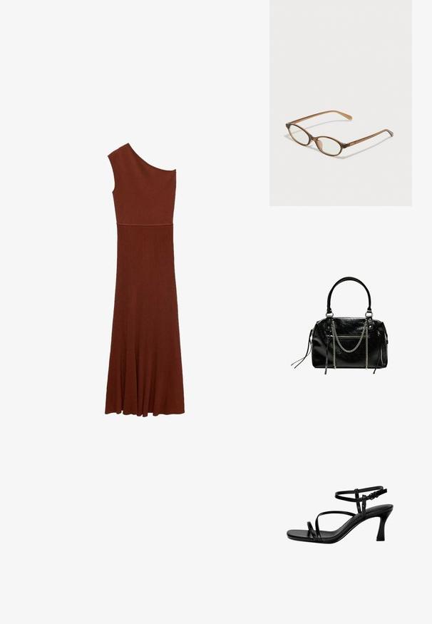 Vaaleanruskea epäsymmetrinen ribbimekko, jossa on yksi olkaimen malli; vartalonmyötäinen yläosa levenee leveäksi hameeksi. Sujuva pintakuvio koko matkalla.; Mustakasta nahkaa olevat avokkaat, joissa on ohuet remmit, neliömäinen kärki ja korkea korko. Säädettävä nilkkaremmi mukauttaa istuvuutta. Sileä pinta.; Ruskeat kilpikonnaruutulasiset silmälasit, joissa ovaalit linssit, ohuet varret ja läpinäkyvät yksityiskohdat. Temppeleissä on huomaamaton logo. Suunnittelultaan suora ja kevyt.; Bershka WITH CHAIN - Käsilaukku - black