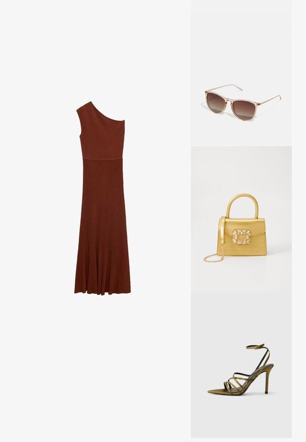 Asimetrična smeđa haljina s rebrastim uzorkom i dizajnom jednog ramena; uski korzet prelazi u široku suknju. Glatka tekstura kroz cijelu haljinu.; Sandalice s visokom potpeticom od maslinasto zelene nubuk kože s šiljastim vrhom, crnim potplatima i podesivim remenom oko gležnja. Sadrži dizajn gornjeg dijela u obliku križanja.; Smeđe gradient sunčane naočale s prozirnim ružičastim okvirom, kvadratnog oblika i tankim metalnim ručkama. Imaju zaobljene ivice i minimalne detalje.; Žuta torbica od umjetnog krokodila sa strukturiranim dizajnom, gornjom ručkom, odvojivim lančićem i dekorativnim kristalnim ukrasom na kopči.