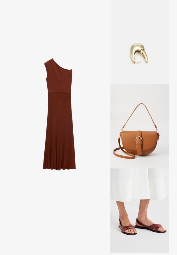 Asymmetrisches braunes Rippenkleid mit einseitigem Design; tailliertes Oberteil, das sich zu einem weiten Rock ausbreitet. Glatte Textur über das gesamte Kleid.; Braune Leder-Sandalen mit gekreuzten Riemen und offenem Rücken, ausgestattet mit einer flachen Sohle. Die Riemen sind glatt mit matter Oberfläche.; Braune Leder-Crossbody-Tasche mit geschwungener Form, goldfarbenen Beschlägen und einer Schnallenakzentuierung. Verfügt über einen abnehmbaren Schultergurt.; Ohrringe aus goldfarbenem Metall mit einem schlanken, geschwungenen Design. Sie verfügen über eine markante, spitze Form, eine polierte Oberfläche und einen Scharnierverschluss.