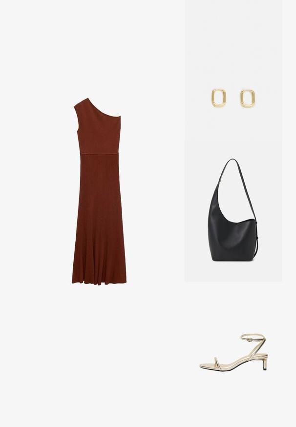 Asymmetrisches braunes Rippenkleid mit einseitigem Design; tailliertes Oberteil, das sich zu einem weiten Rock ausbreitet. Glatte Textur über das gesamte Kleid.; Metallisch goldene Sandale mit schlankem Knöchelriemen, offenen Zehen und niedrigem Blockabsatz. Sie zeichnet sich durch ein minimalistisches Design und eine glatte Textur aus.; Schwarze Leder-Hobo-Tasche mit einer glatten Textur, geschwungener Form und einem einzelnen verstellbaren Tragegurt; verfügt über eine weite Öffnung am oberen Ende.; Goldene rechteckige Creolen mit glatter Oberfläche und abgerundeten Kanten. Das Design zeichnet sich durch eine minimalistische, geometrische Form aus.