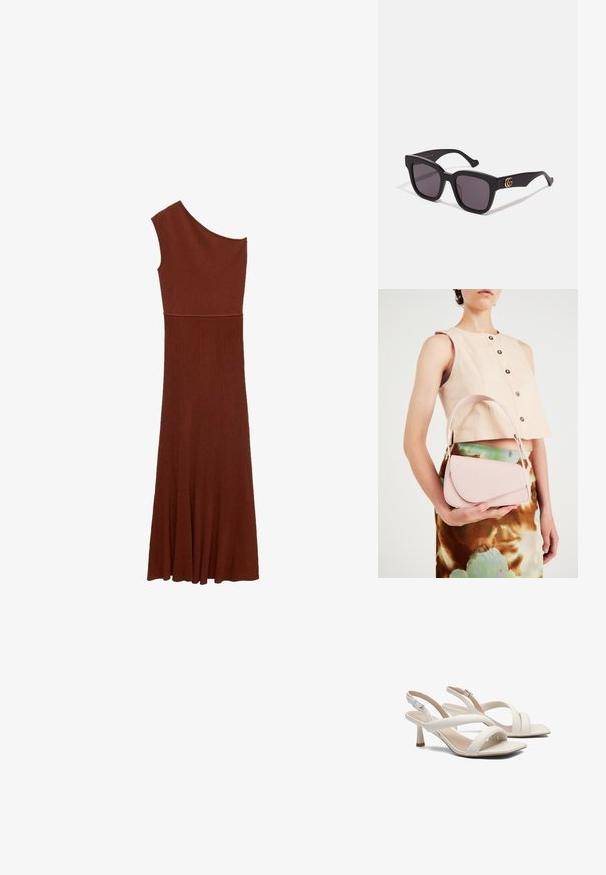 Asymetryczna brązowa sukienka z prążkowanego materiału z jednym ramieniem; dopasowany gorset przechodzi w szeroką spódnicę. Gładka tekstura na całej powierzchni.; Białe sandały na obcasie typu slingback z krzyżującymi się paskami, minimalistyczny design, kwadratowy nosek i smukły obcas. Gładki materiał o matowym wykończeniu.; Czarne kwadratowe okulary przeciwsłoneczne z ciemnymi soczewkami, z złotymi akcentami logo na nausznikach i matowym wykończeniem. Kanciasty design dla odważnego wyglądu.; Różowa skórzana torebka z zakrzywioną klapą, pojedynczym paskiem na ramię i prostymi liniami. Torebka charakteryzuje się gładką teksturą i minimalistycznym designem.