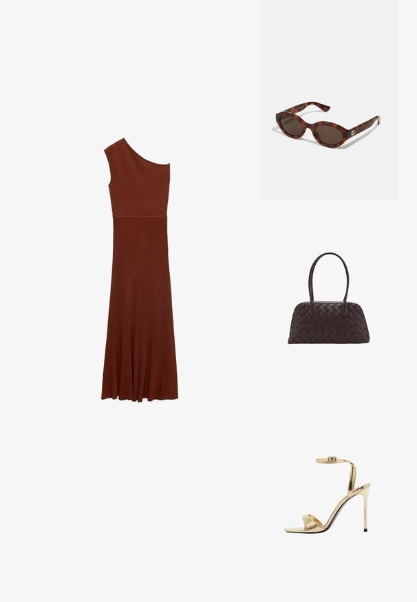 Asymmetrical brown ribbed dress with one shoulder design; fitted bodice flares into a wide skirt. Smooth texture throughout.; Metallic gold high-heeled sandal with an ankle strap, open toe design, glossy finish, and a slender stiletto heel. Black sole accent.; Tortoiseshell sunglasses with rounded frames, dark lenses, and gold logo detailing on the temples. Smooth plastic material, no visible patterns.; Woven brown leather handbag with rounded shape, dual top handles, and smooth texture; features subtle stitching for design detail.; Mango Bracelet - gold-coloured
