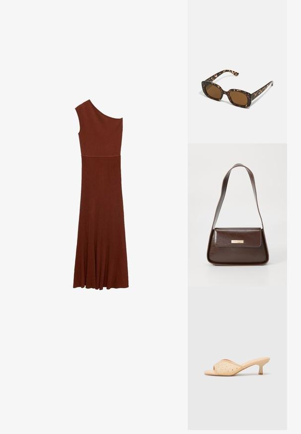 Asymmetrical brown ribbed dress with one shoulder design; fitted bodice flares into a wide skirt. Smooth texture throughout.; Beige open-toe heeled mules with a smooth matte finish, featuring decorative clear rhinestones arranged in a pattern on the upper.; Tortoiseshell sunglasses with a rounded, chunky frame and brown lenses. Features subtle patterns and straight, tapered arms.; Brown leather shoulder bag with a structured shape, featuring a magnetic flap closure and a metallic logo accent on the front.