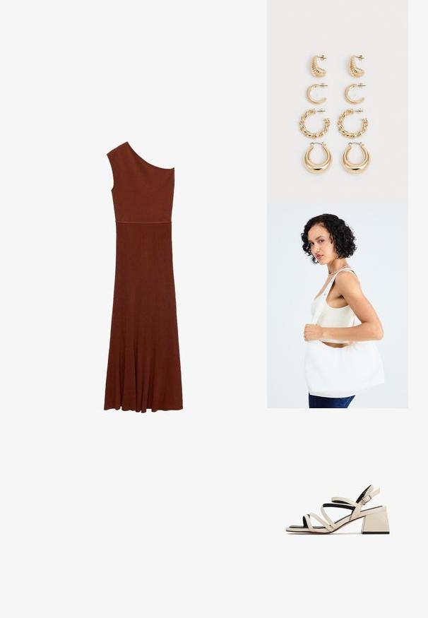 Asimetrična smeđa haljina s rebrastim uzorkom i dizajnom jednog ramena; uski korzet prelazi u široku suknju. Glatka tekstura kroz cijelu haljinu.; Sandale s visokom potpeticom u krem koži s blok-petom. Imaju tanke trakice i crnu đon, uz podesivu kopču oko gležnja.; Bijela torba preko ramena izrađena od glatkog materijala, sa ovalnim izrezom i širokim remenom. Jednostavna i moderna, bez vidljivih metalnih dijelova.; Set od pet zlatnih naušnica, koje se odlikuju različitim dizajnima: uvrnuti, rebrasti i glatki površine u obliku obruča i polumjeseca.