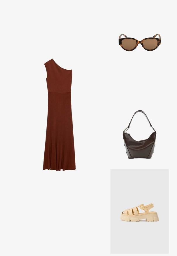 Asimetrična smeđa haljina s rebrastim uzorkom i dizajnom jednog ramena; uski korzet prelazi u široku suknju. Glatka tekstura kroz cijelu haljinu.; Bež platforme sandale s tkanim trakama i kopčom. Debela potplat s teksturiranim završetkom. Dizajn otvorenog prsta. Lagane i ležerne.; Smeđe mačkaste sunčane naočale s mačjim okvirom, smešnim lećama i glatkom teksturom. Okvir ima zakrivljene noge s suptilnim uzorkom.; Tamno smeđa kožna torba sa zakrivljenim oblikom, zatvaranjem na zip i kratkom drškom. Ima metalne detalje i dekorativne crne dugmadi sa strane.