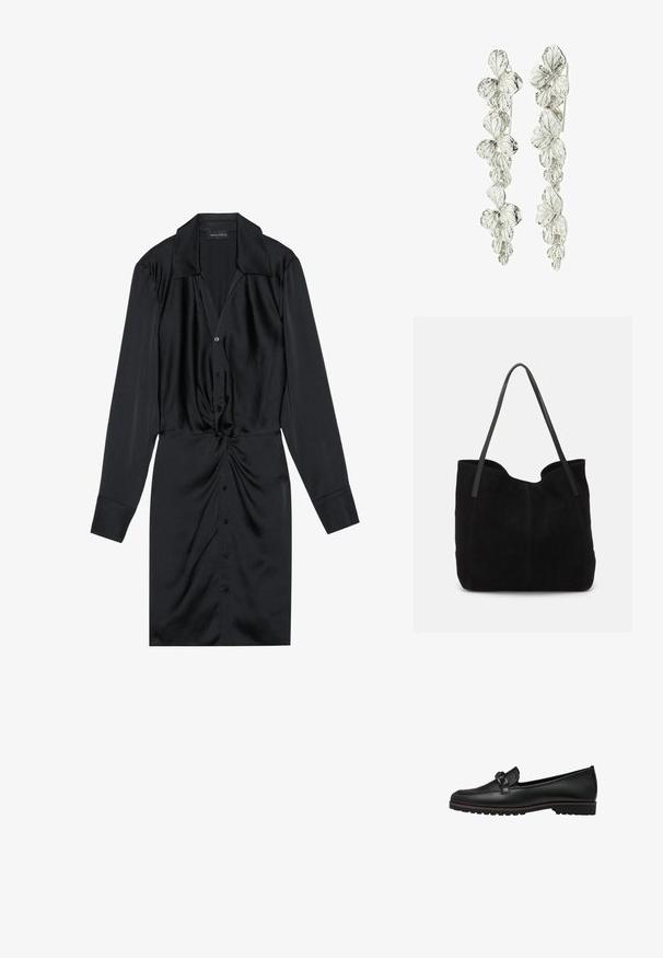 Black long-sleeved dress made of satin fabric. Features a button-down front, collar, and a twisted knot detail at the waist.; Black leather loafers with a braided accent on the front, flat rubber sole, and stitched detailing along the edge.; Black suede tote bag with two long, flat leather straps. Features a curved top edge and visible stitching along the front. No hardware accents.; Silver earrings featuring a floral design with layered leaves. The texture appears intricate and polished, accentuating the natural motif.
